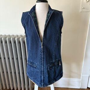 Long zip up denim vest with green and blue flannel lining